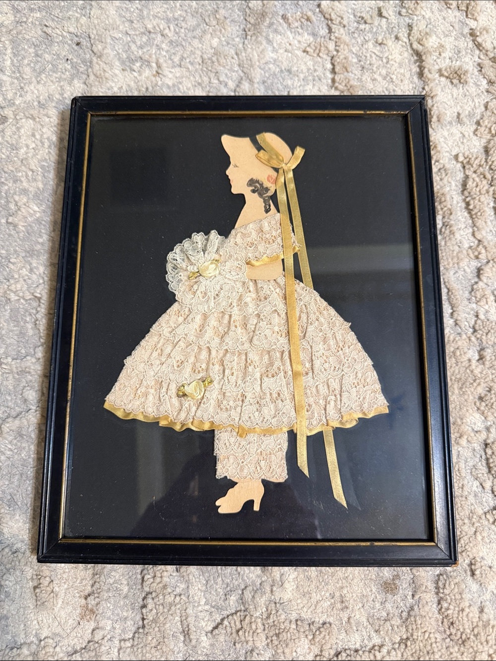 Vintage Lace Dress Silhouette Wall Art in Black and Gold Frame 1920- 1930’s